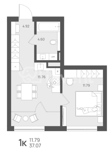 1-комнатная квартира, 37.1 м²
