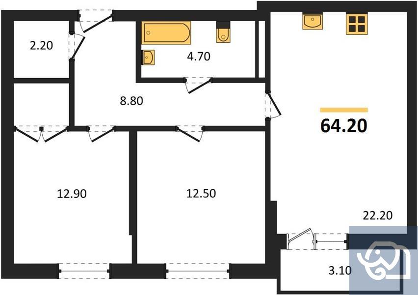 2-комнатная квартира, 64.2 м²