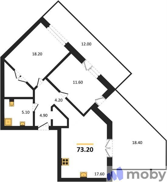2-комнатная квартира, 73.2 м²