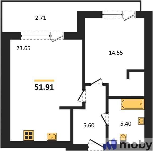 1-комнатная квартира, 51.9 м²