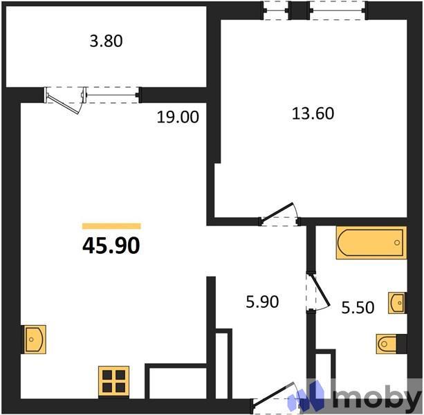 1-комнатная квартира, 45.9 м²
