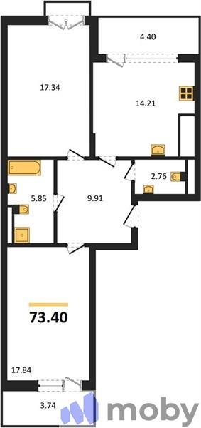2-комнатная квартира, 73.4 м²