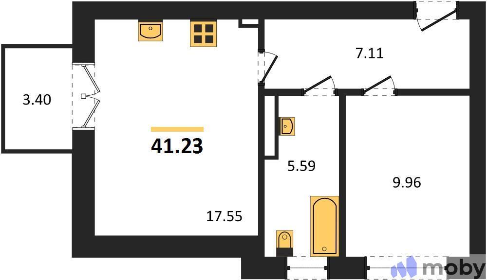 1-комнатная квартира, 41.2 м²