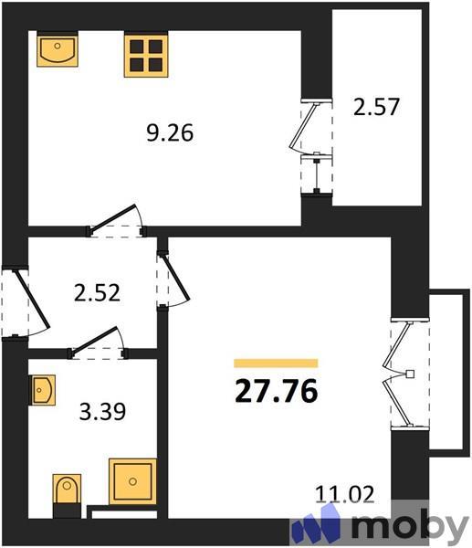 1-комнатная квартира, 29.7 м²