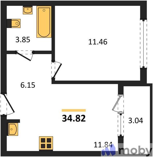 1-комнатная квартира, 34.8 м²