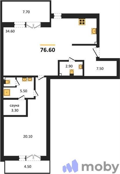 1-комнатная квартира, 76.6 м²
