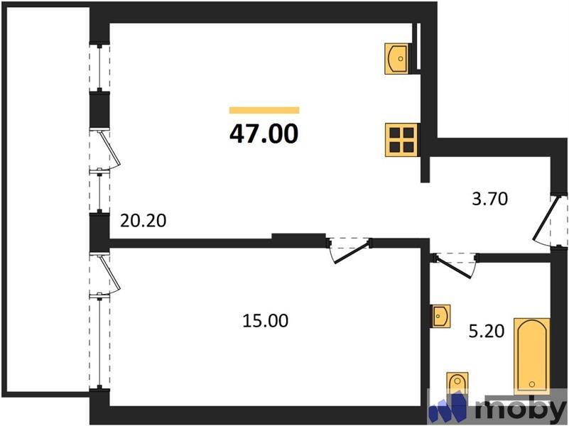 1-комнатная квартира, 47.0 м²