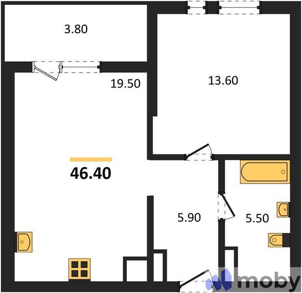 1-комнатная квартира, 46.4 м²