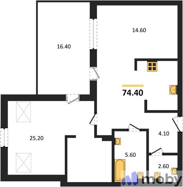 2-комнатная квартира, 74.4 м²