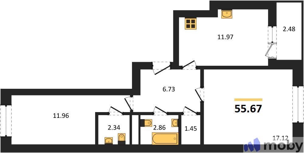 2-комнатная квартира, 56.9 м²