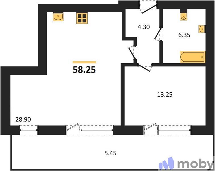 1-комнатная квартира, 58.3 м²