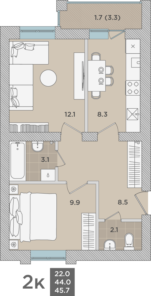 2-комнатная квартира, 45.7 м²