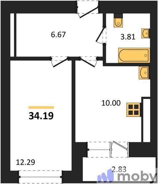 1-комнатная квартира, 35.6 м²