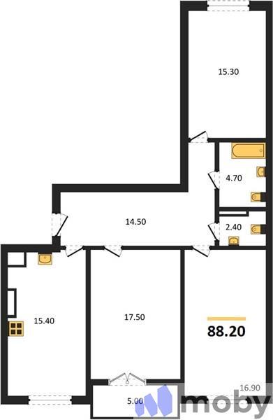 3-комнатная квартира, 88.2 м²