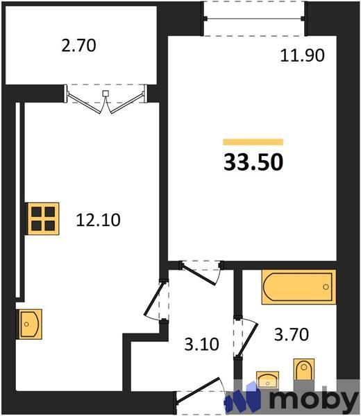 1-комнатная квартира, 33.5 м²