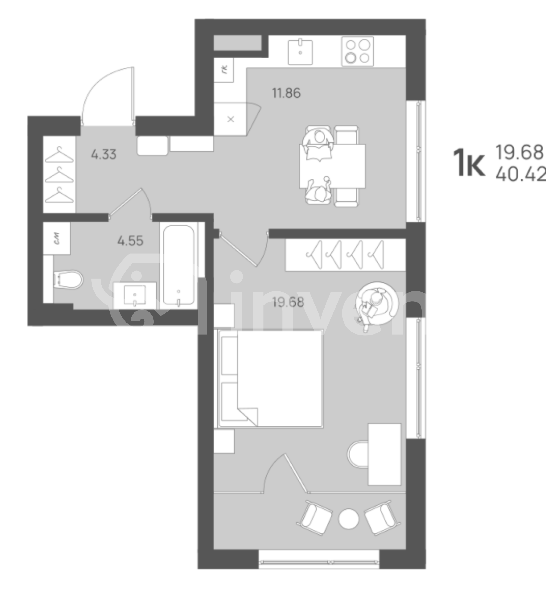 1-комнатная квартира, 40.4 м²