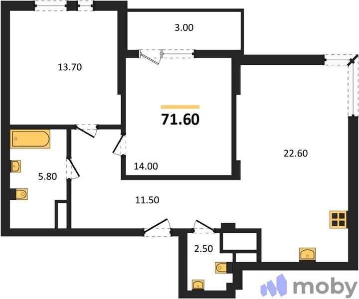 2-комнатная квартира, 71.6 м²