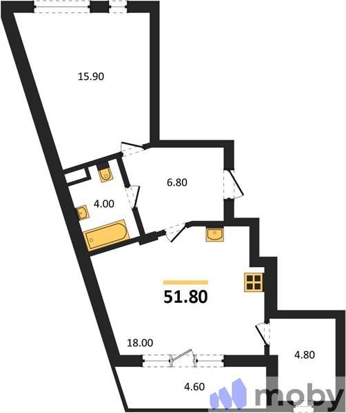 1-комнатная квартира, 51.8 м²