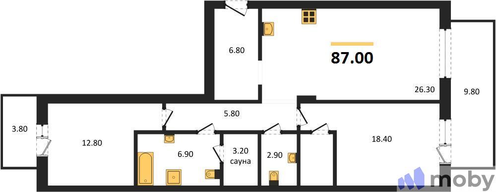 2-комнатная квартира, 87.0 м²