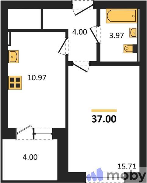 1-комнатная квартира, 37.0 м²