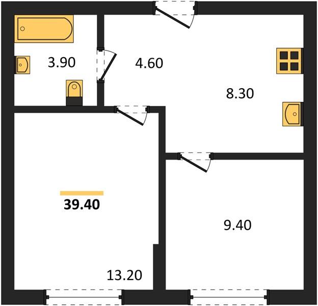 2-комнатная квартира, 39.4 м²
