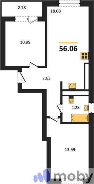 2-комнатная квартира, 57.5 м²