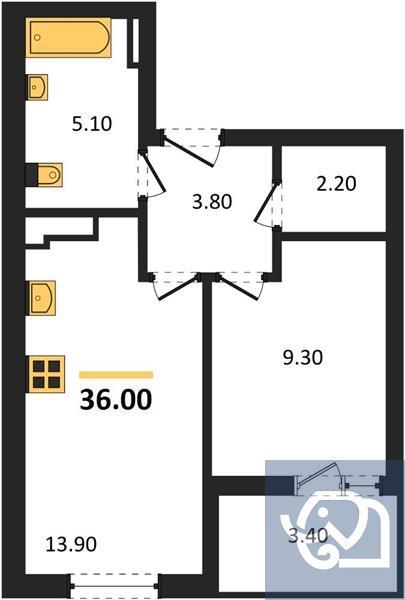 1-комнатная квартира, 36.0 м²
