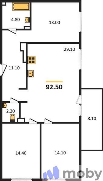 3-комнатная квартира, 92.5 м²