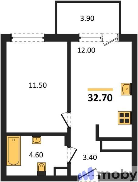 1-комнатная квартира, 32.7 м²