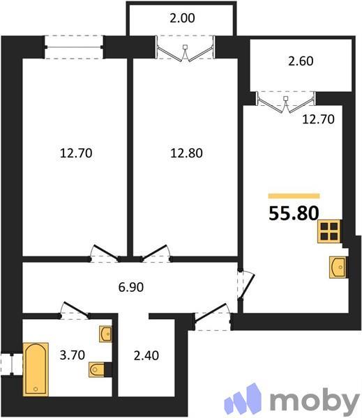 2-комнатная квартира, 55.8 м²