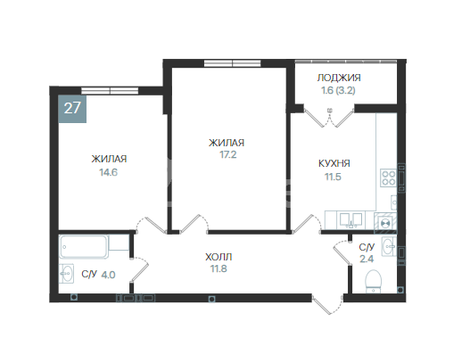 2-комнатная квартира, 63.1 м²