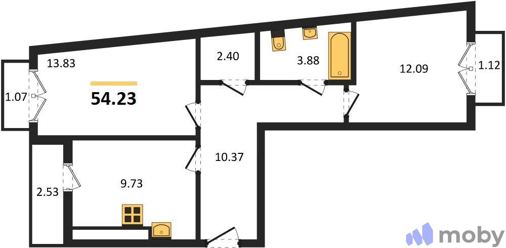 2-комнатная квартира, 54.2 м²
