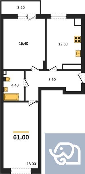 2-комнатная квартира, 61.0 м²