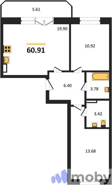 2-комнатная квартира, 60.9 м²