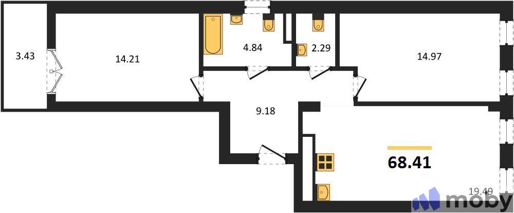 2-комнатная квартира, 66.7 м²