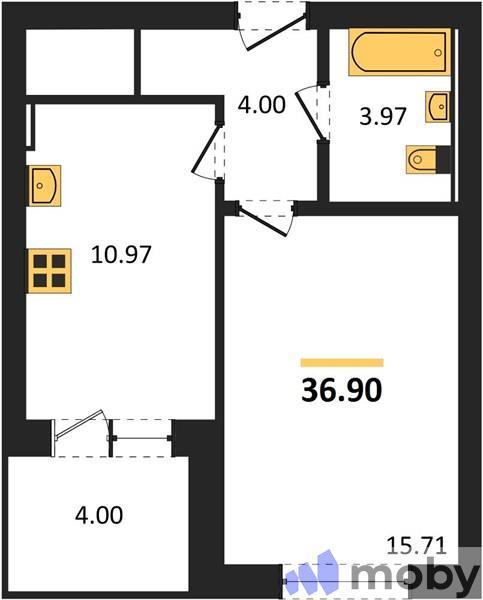 1-комнатная квартира, 36.9 м²