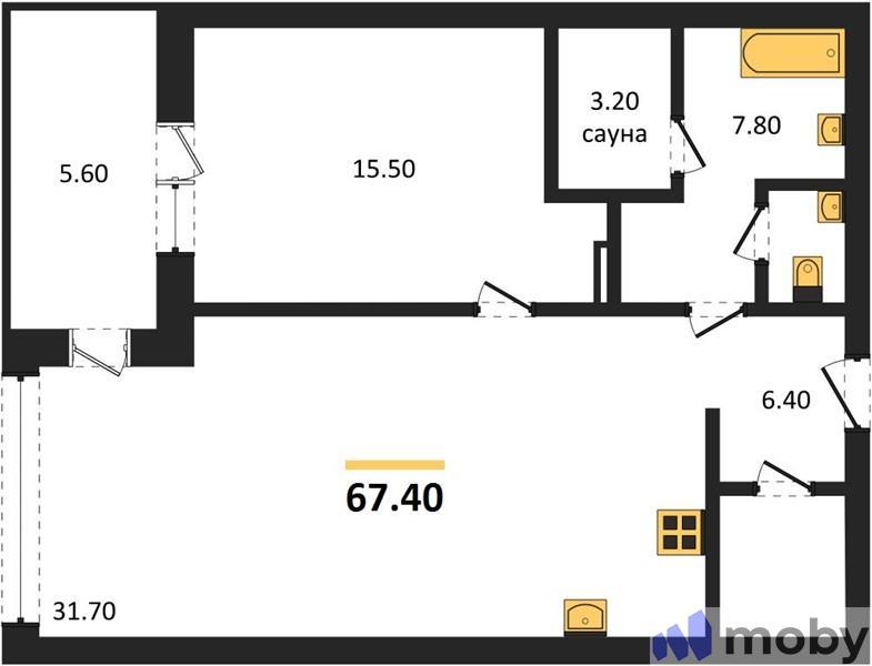 1-комнатная квартира, 67.4 м²