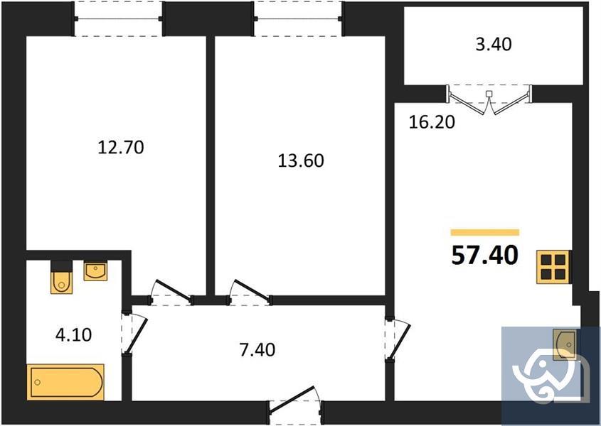 2-комнатная квартира, 57.4 м²