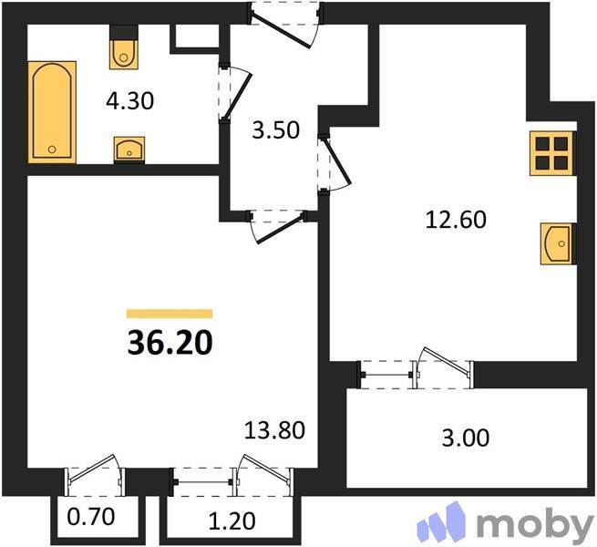 1-комнатная квартира, 36.2 м²
