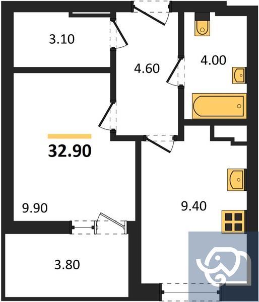 1-комнатная квартира, 32.9 м²