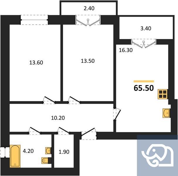 2-комнатная квартира, 65.5 м²