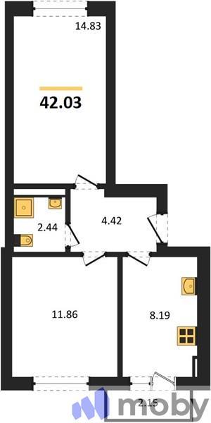 2-комнатная квартира, 42.0 м²