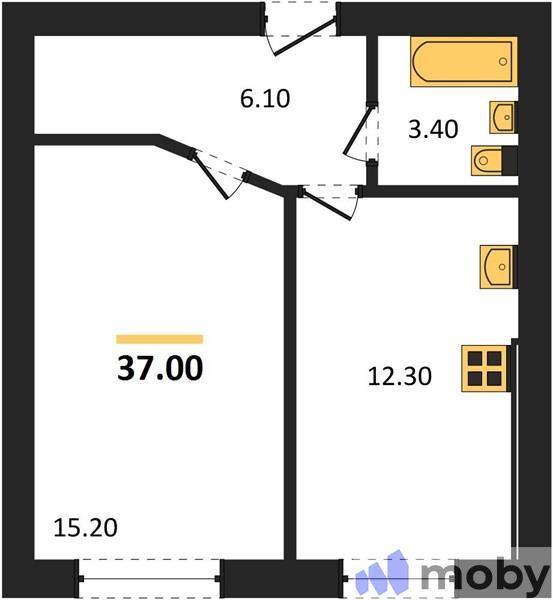 1-комнатная квартира, 37.0 м²