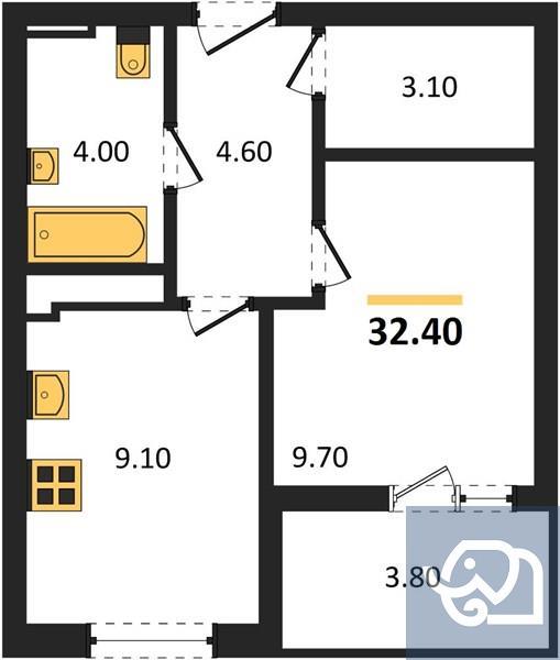 1-комнатная квартира, 32.4 м²