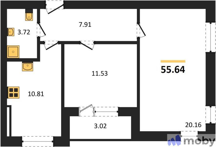 2-комнатная квартира, 55.6 м²