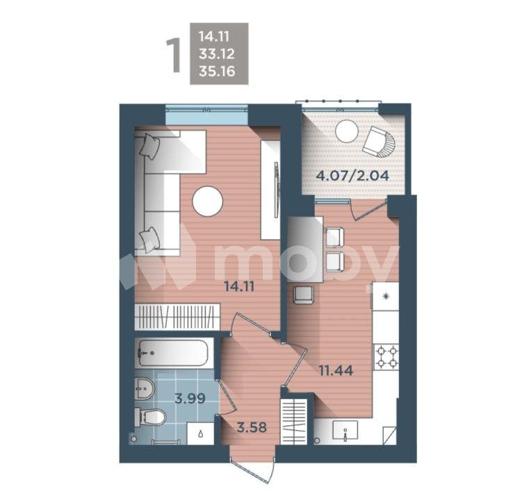 1-комнатная квартира, 35.7 м²