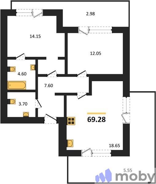 2-комнатная квартира, 69.3 м²