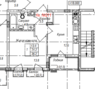 1-комнатная квартира, 36.2 м²