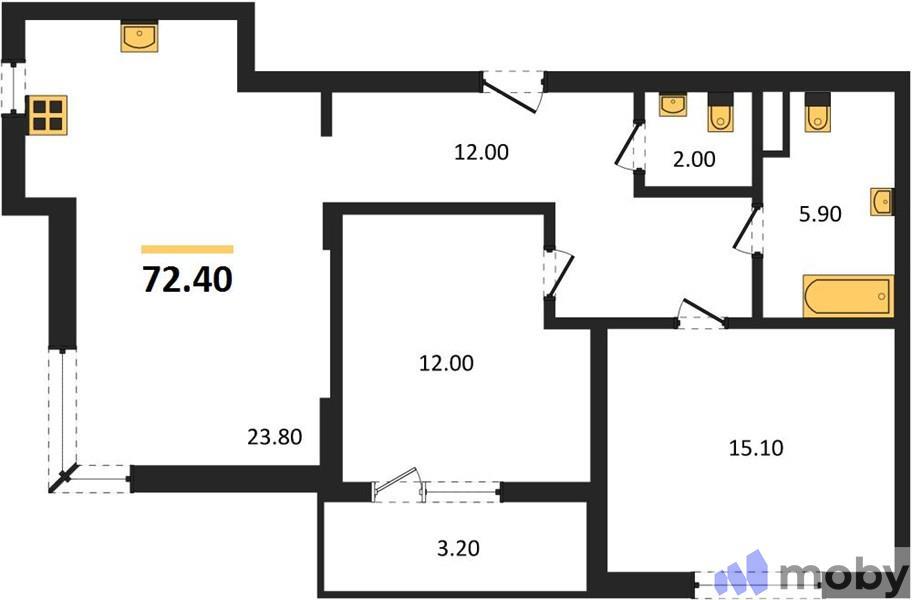 2-комнатная квартира, 72.4 м²