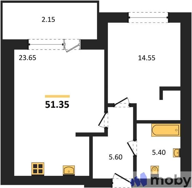 1-комнатная квартира, 51.4 м²